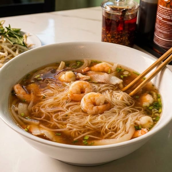 A bowl of shrimp noodle soup with chopsticks, bean sprouts, and basil on a white table.