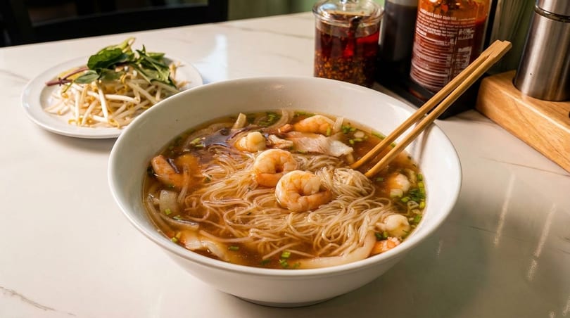 A bowl of shrimp noodle soup with chopsticks, bean sprouts, and basil on a white table.