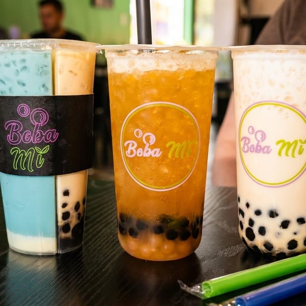 Three Boba Mi bubble tea drinks on a dark table with people in the background.